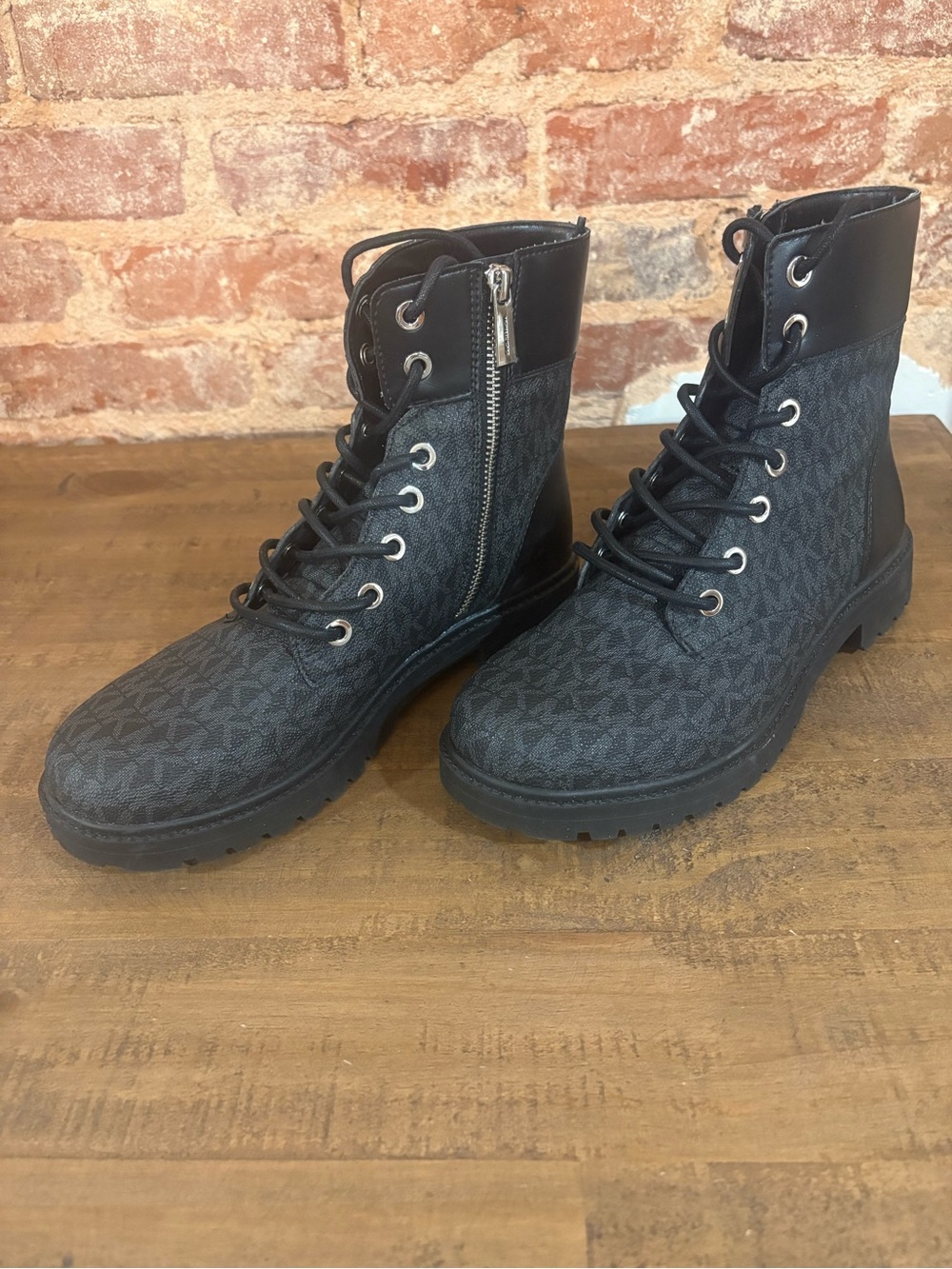 Michael Kors Black Logo-Print Lace-Up Ankle Boots with Side Zip